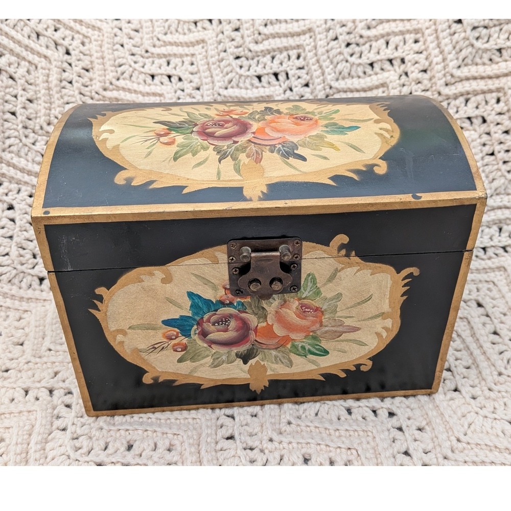 Vintage Hand Painted Floral Wooden Keepsake Chest Black Gold Storage Box 9.5in